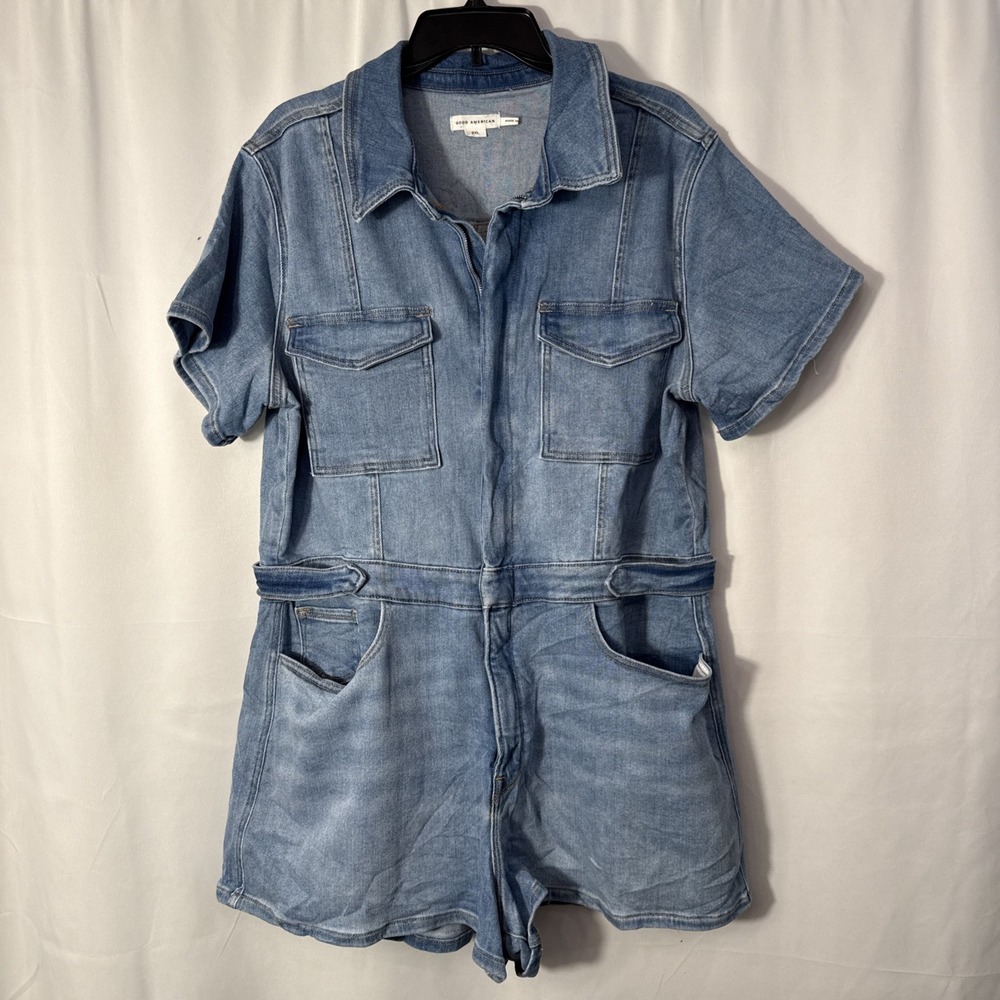 Good American Romper Stretch 2XL Blue Denim Short Sleeve Zip Front Cruise Staple